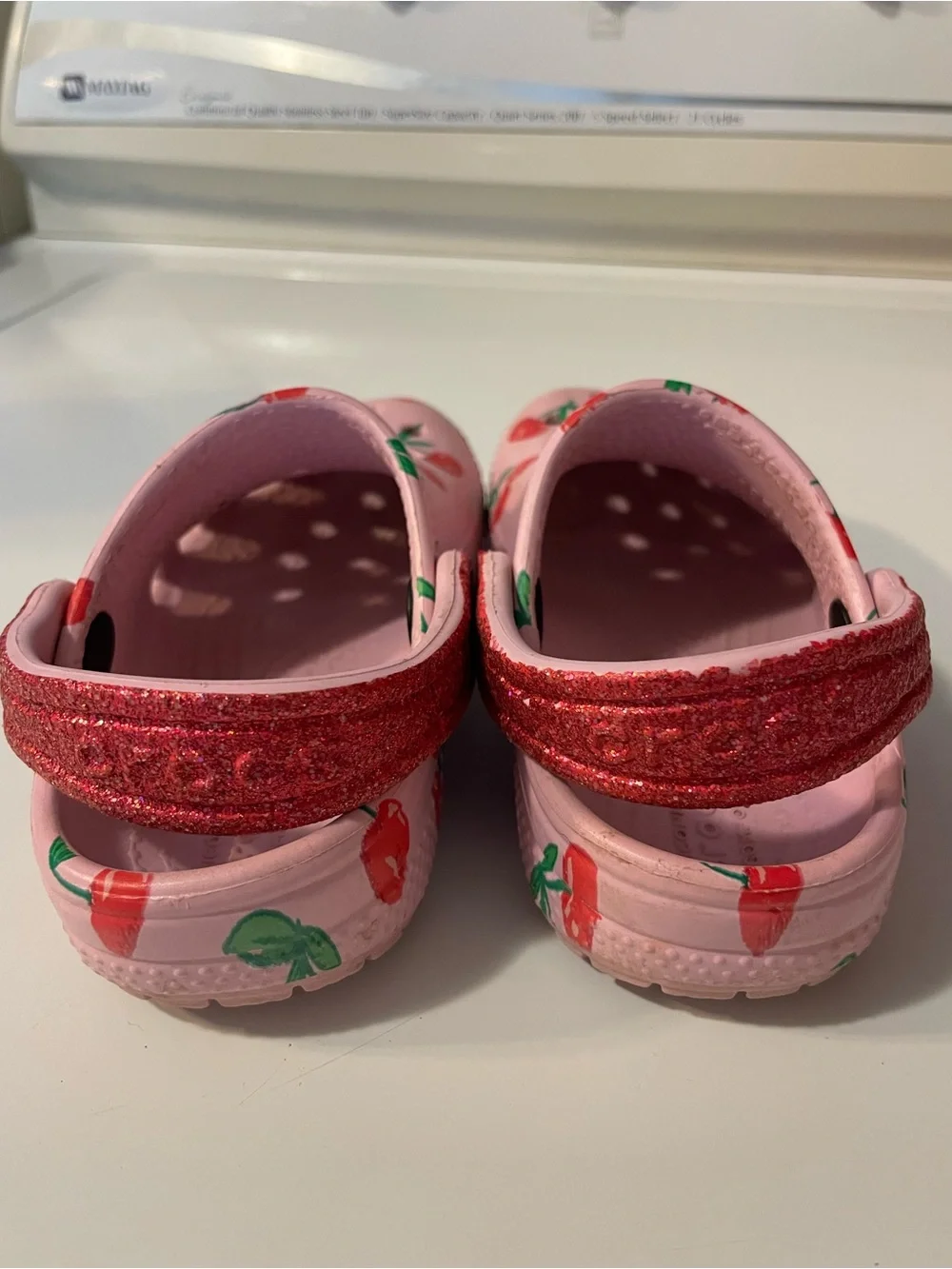 CROCS Kids Pink Clogs with Red Cherry Print and Red Glitter Strap